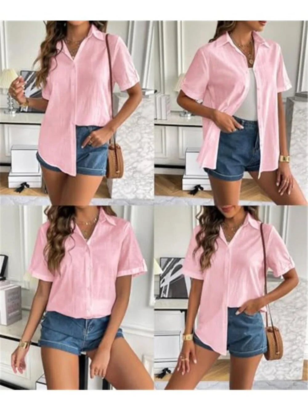 Womens Cotton Button Down Shirt Short Sleeve Collared Linen Look Blouse Top